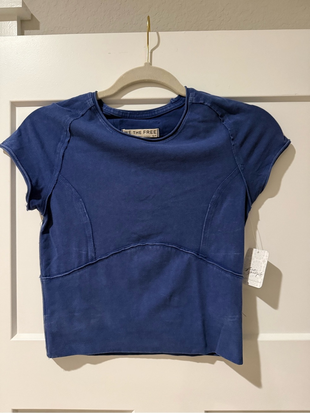 Free People Navy Short Sleeve Seam-Panel Tee